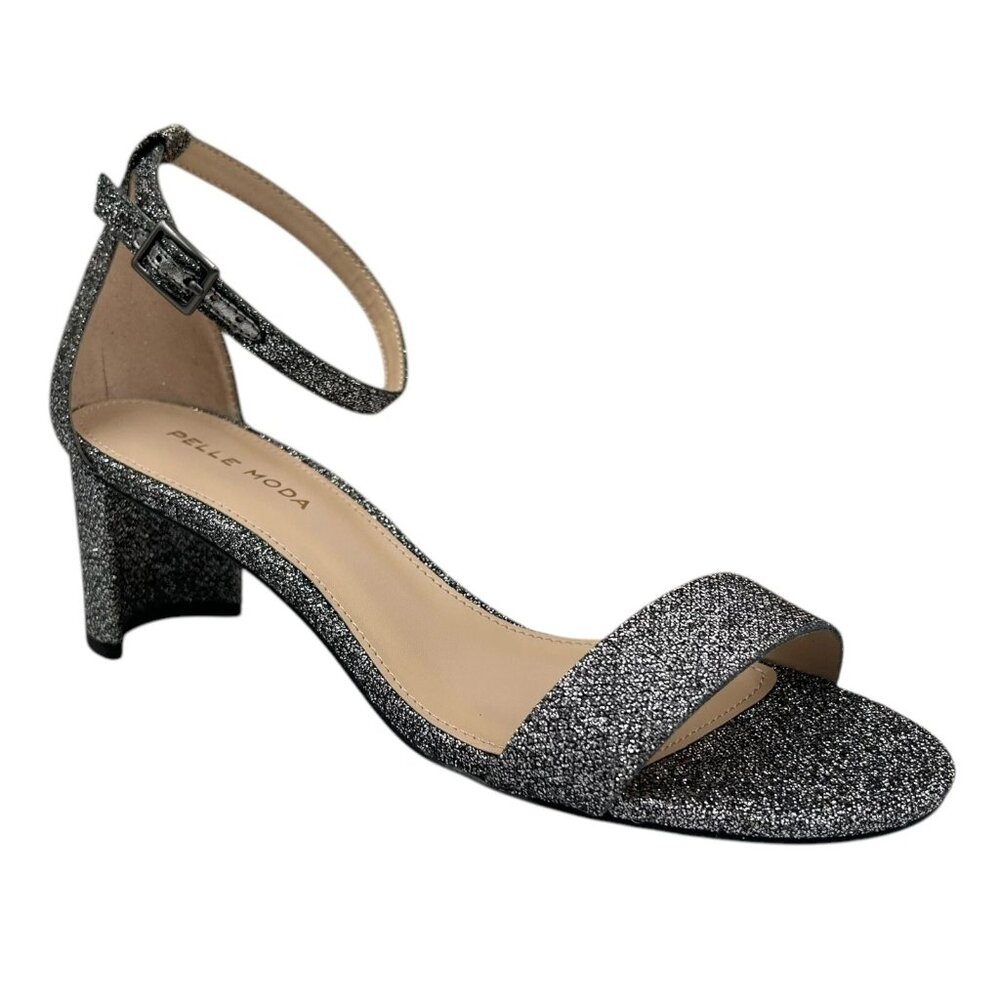Pelle Moda Womens Monroe Sandal 8 Metallic Black Finished Block Heel Ankle Strap